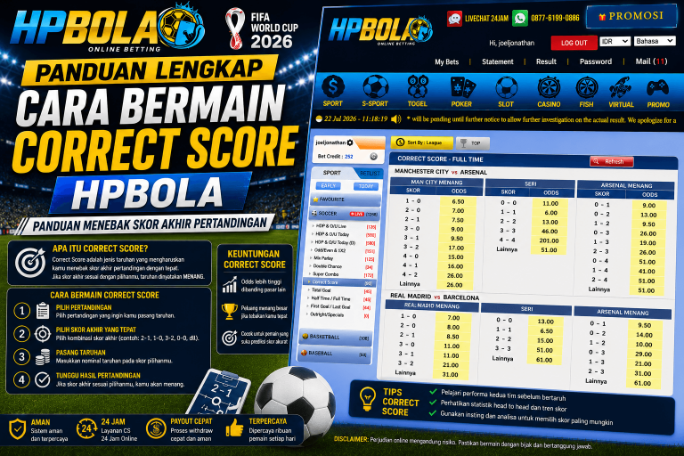 Panduan cara bermain Correct Score di HPBOLA untuk menebak skor akhir pertandingan sepak bola secara tepat, lengkap dengan contoh pilihan skor dan tampilan sportsbook.