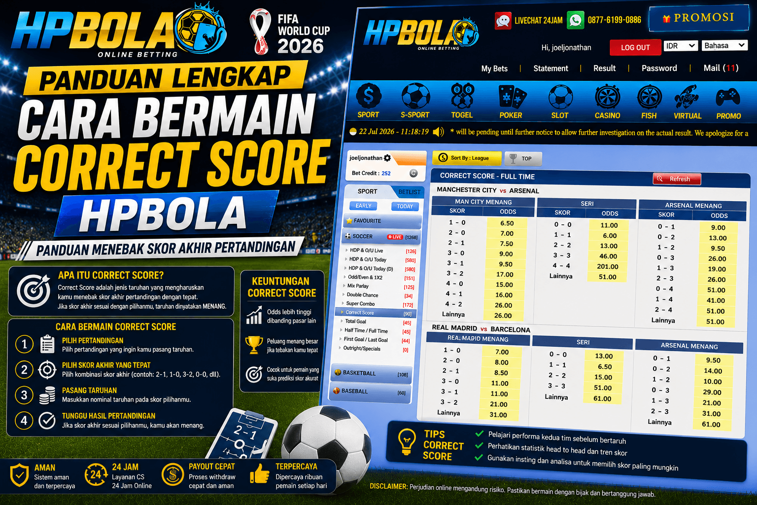 Panduan cara bermain Correct Score di HPBOLA untuk menebak skor akhir pertandingan sepak bola secara tepat, lengkap dengan contoh pilihan skor dan tampilan sportsbook.