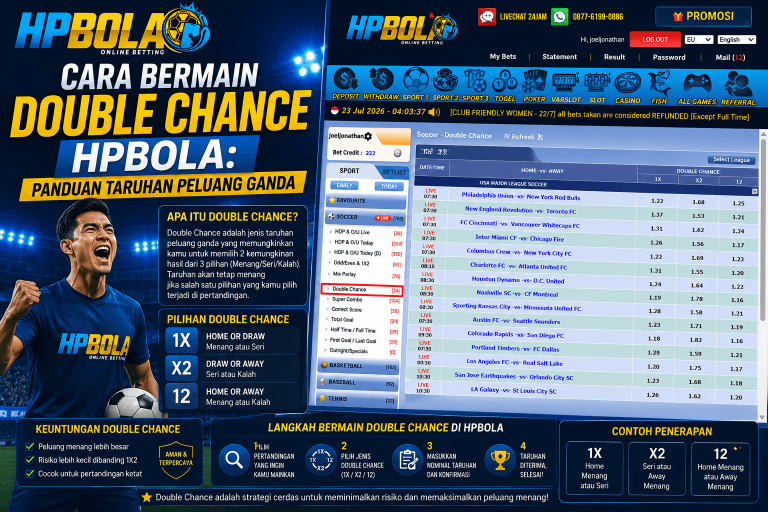 Panduan cara bermain Double Chance di HPBOLA lengkap dengan pilihan taruhan 1X, X2, dan 12 beserta contoh penggunaannya pada sportsbook.