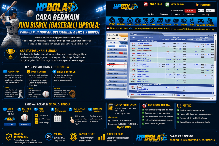 Infografis panduan cara bermain taruhan bisbol HPBOLA yang menjelaskan jenis pasaran Handicap, Over/Under, First 5 Innings, langkah memasang taruhan, contoh perhitungan, dan tips bermain bisbol.