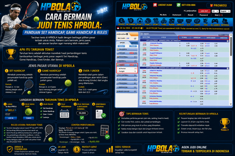 Infografis panduan cara bermain taruhan tenis HPBOLA yang menjelaskan Set Handicap, Game Handicap, Over/Under, langkah memasang taruhan, aturan dasar tenis, contoh perhitungan, dan tips bermain.