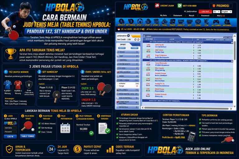 Infografis panduan cara bermain taruhan tenis meja HPBOLA yang menjelaskan pasaran 1X2 Match Winner, Set Handicap, Over/Under Total Set, langkah memasang taruhan, aturan dasar, contoh perhitungan, dan tips bermain.