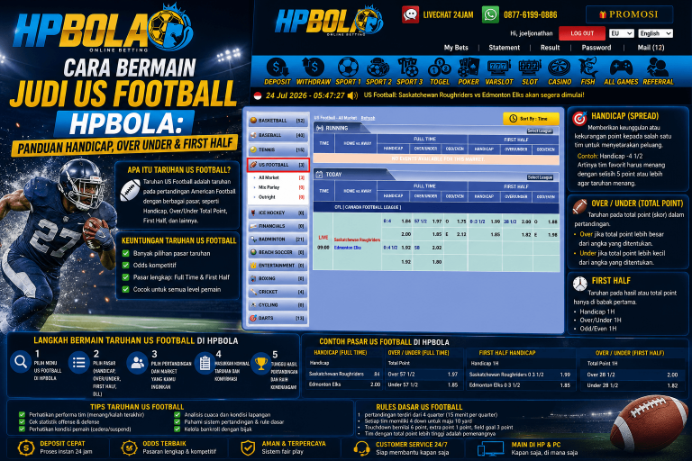 Panduan cara bermain taruhan US Football di HPBOLA lengkap dengan pasaran Handicap, Over Under, First Half, dan cara membaca odds pertandingan.