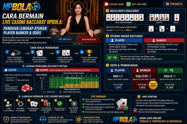 Infografis panduan baccarat live casino HPBOLA yang menjelaskan nilai kartu, aturan Player dan Banker, Tie, aturan pengambilan kartu ketiga, odds, dan langkah dasar permainan baccarat.