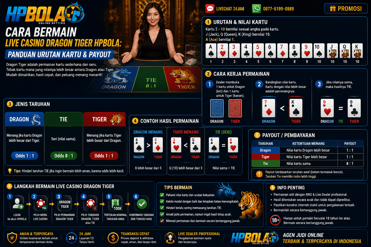 Infografis panduan permainan Dragon Tiger live casino HPBOLA yang menjelaskan urutan kartu, perbandingan nilai Dragon dan Tiger, pilihan Tie, serta konsep payout dalam permainan.