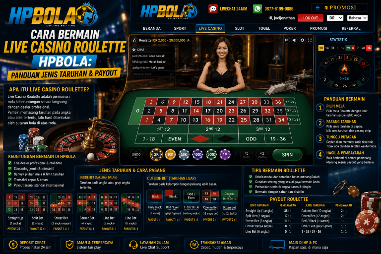Panduan cara bermain Live Casino Roulette di HPBOLA lengkap dengan jenis taruhan, payout roulette, dan cara memasang chip pada meja permainan.