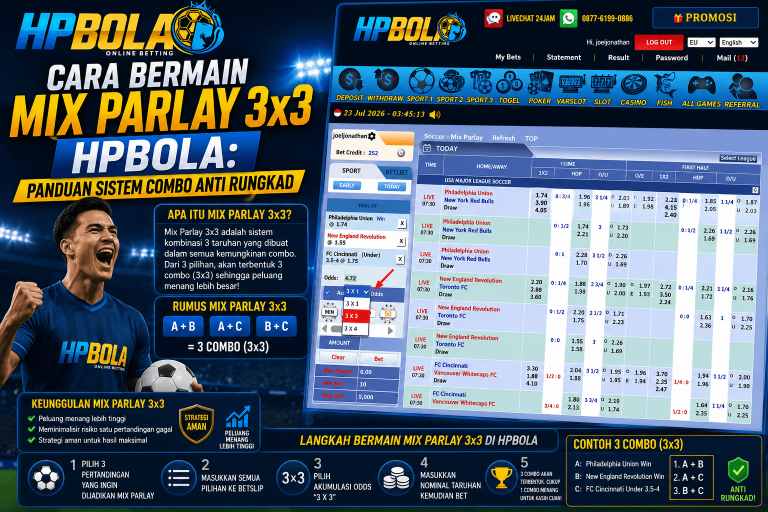 Panduan cara bermain Mix Parlay 3x3 di HPBOLA lengkap dengan langkah memilih sistem combo 3x3 dan contoh perhitungan taruhan sportsbook.