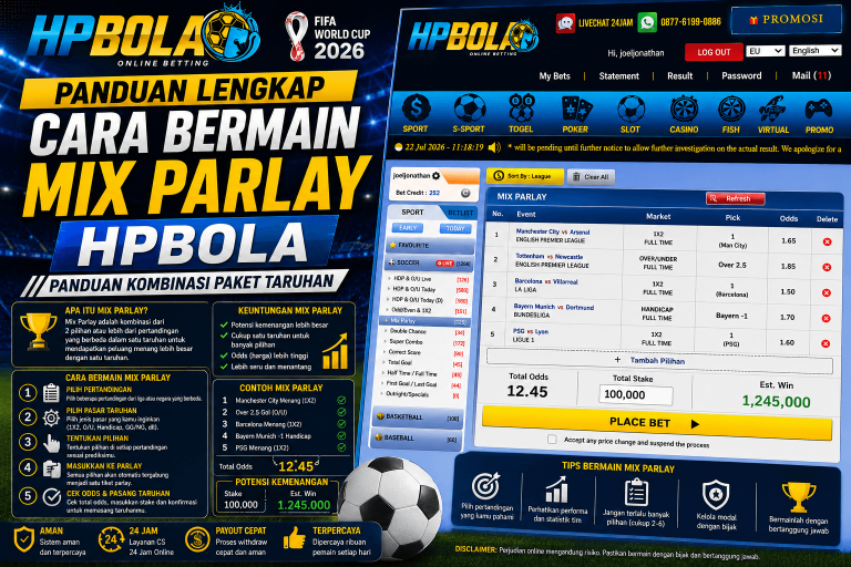 Panduan cara bermain Mix Parlay di HPBOLA yang menjelaskan cara menggabungkan beberapa pilihan pertandingan dalam satu taruhan, lengkap dengan contoh kombinasi dan tampilan sportsbook.