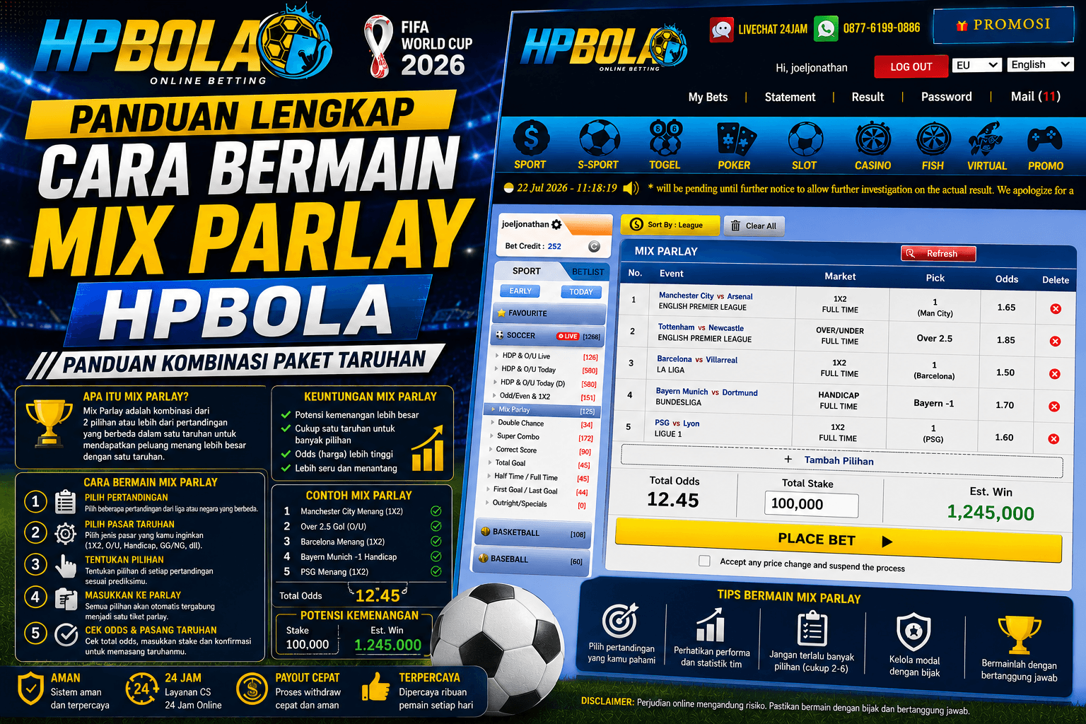 Panduan cara bermain Mix Parlay di HPBOLA yang menjelaskan cara menggabungkan beberapa pilihan pertandingan dalam satu taruhan, lengkap dengan contoh kombinasi dan tampilan sportsbook.