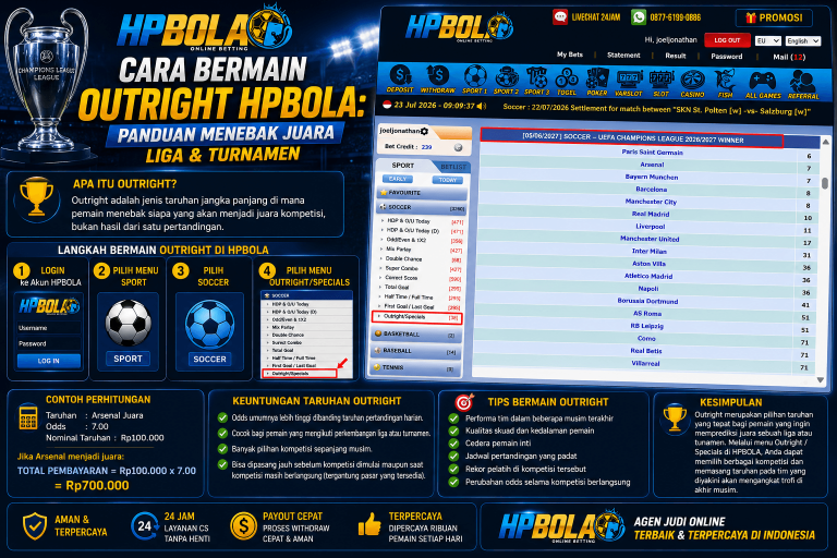 Panduan cara bermain Outright HPBOLA lengkap dengan langkah memilih menu Outright/Specials, contoh taruhan juara Liga Champions, perhitungan odds, dan tips memasang taruhan juara liga maupun turnamen.