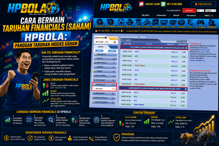 Panduan cara bermain taruhan Financials di HPBOLA lengkap dengan pilihan pasar indeks saham seperti HI-LO, Range, dan Total Sum.