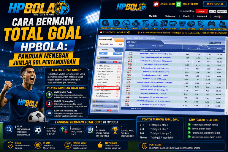 Panduan cara bermain Total Goal di HPBOLA lengkap dengan pilihan taruhan Over, Under, dan Exact untuk menebak jumlah gol pertandingan.