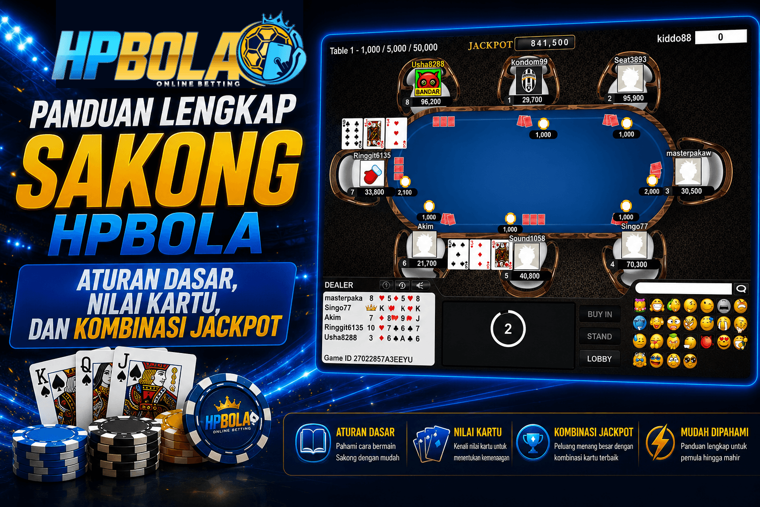 Panduan lengkap Sakong HPBOLA yang menjelaskan aturan dasar permainan, cara menghitung nilai kartu, peran bandar, kombinasi kartu terbaik, dan peluang jackpot untuk pemain pemula maupun berpengalaman.
