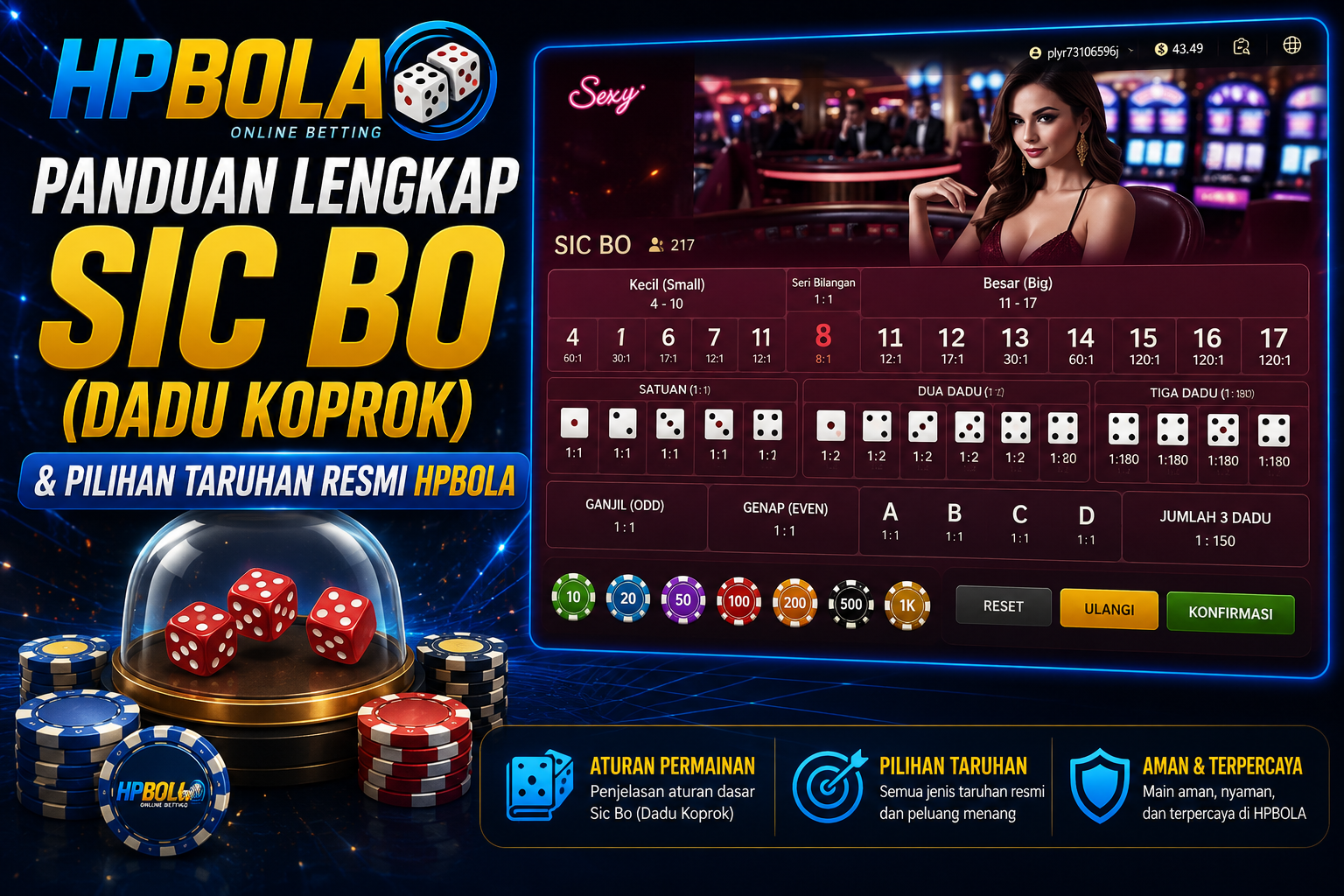 Panduan lengkap Sic Bo (Dadu Koprok) HPBOLA yang menjelaskan aturan permainan, cara bermain, pilihan taruhan resmi, odds pembayaran, dan strategi dasar untuk pemain pemula.