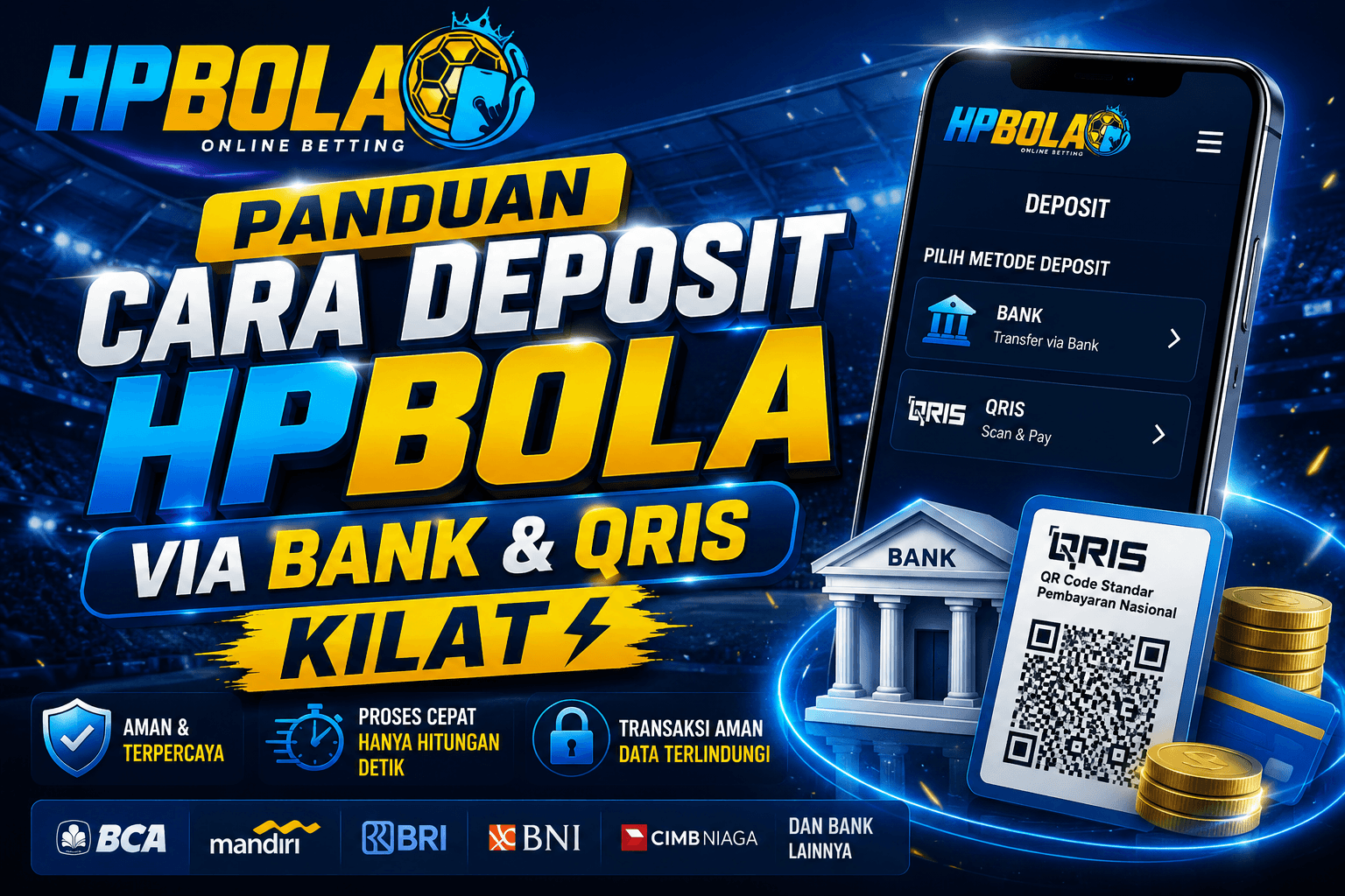 Ilustrasi panduan cara deposit HPBOLA melalui transfer bank dan QRIS dengan proses cepat, aman, dan mudah menggunakan smartphone.