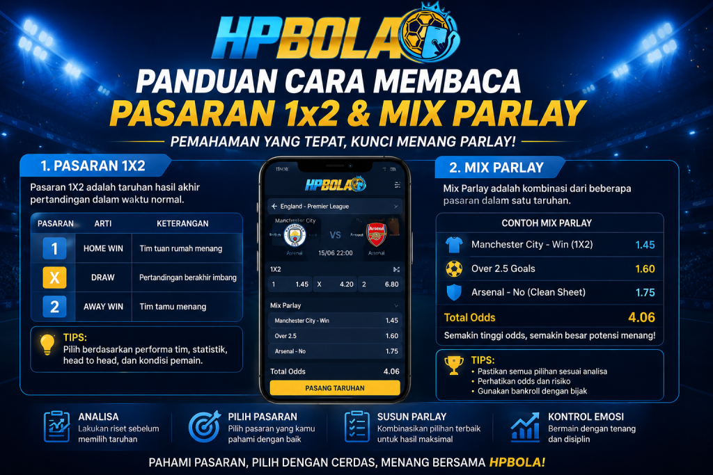 Infografis panduan cara membaca pasaran 1x2 dan Mix Parlay HPBOLA dengan penjelasan pilihan Home Win, Draw, Away Win, contoh Mix Parlay, odds, serta tips memilih pasaran dengan bijak.