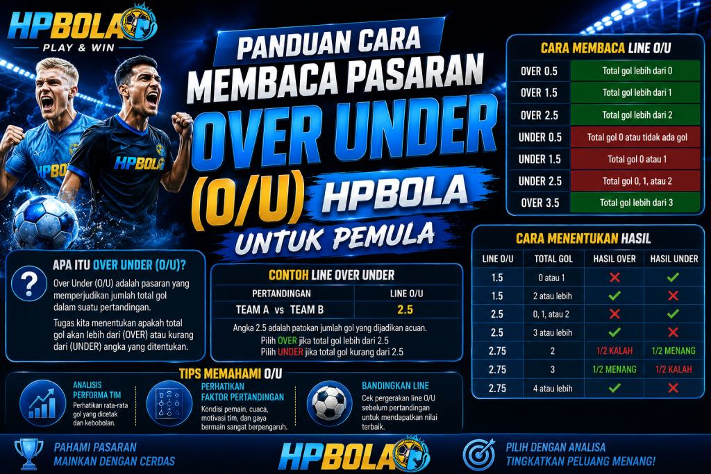 Ilustrasi panduan cara membaca pasaran Over Under (O/U) HPBOLA untuk pemula lengkap dengan contoh line Over Under dan cara menentukan hasil taruhan.