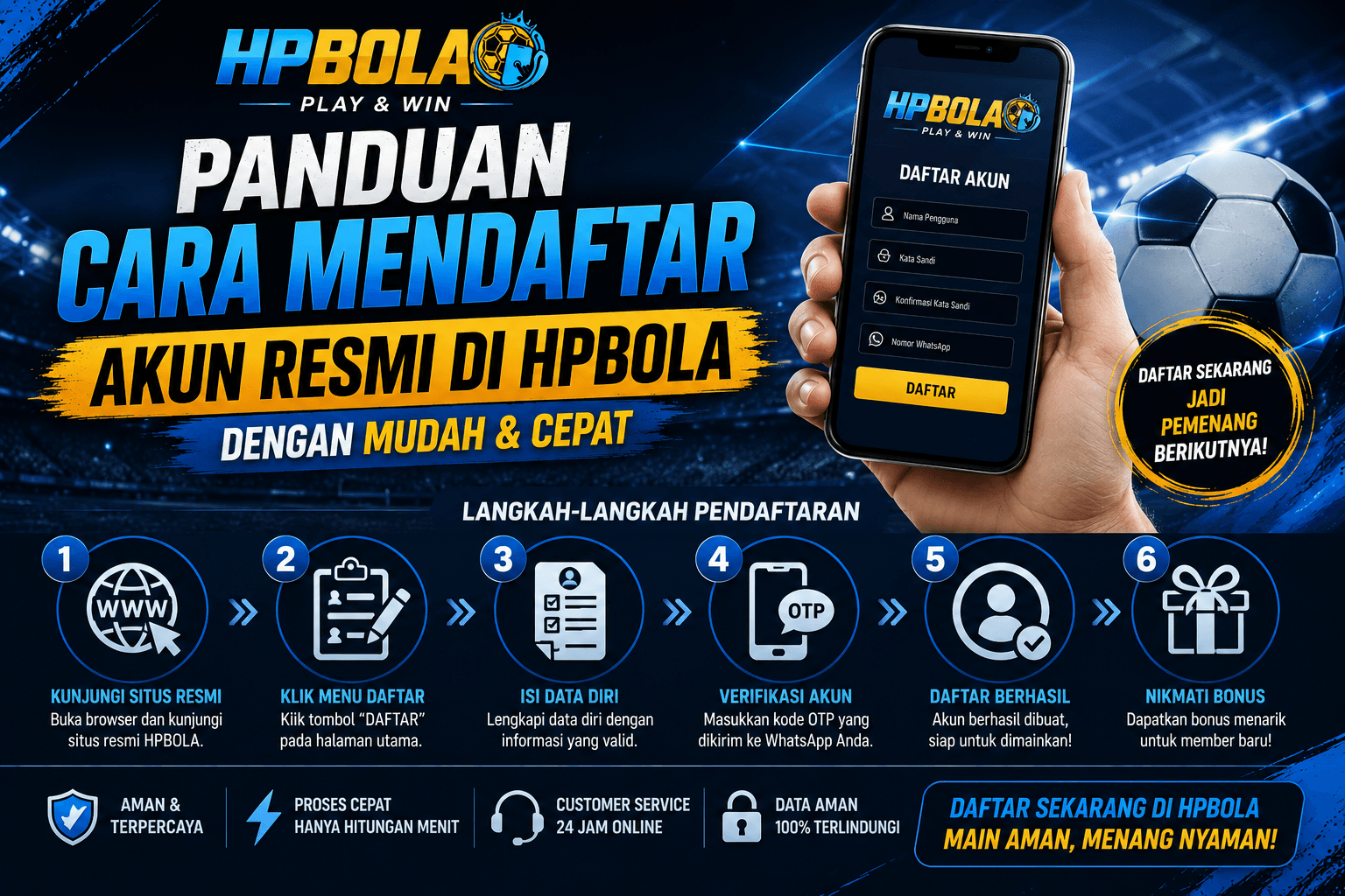 Ilustrasi panduan cara mendaftar akun resmi HPBOLA dengan mudah dan cepat menggunakan smartphone untuk pemain baru.