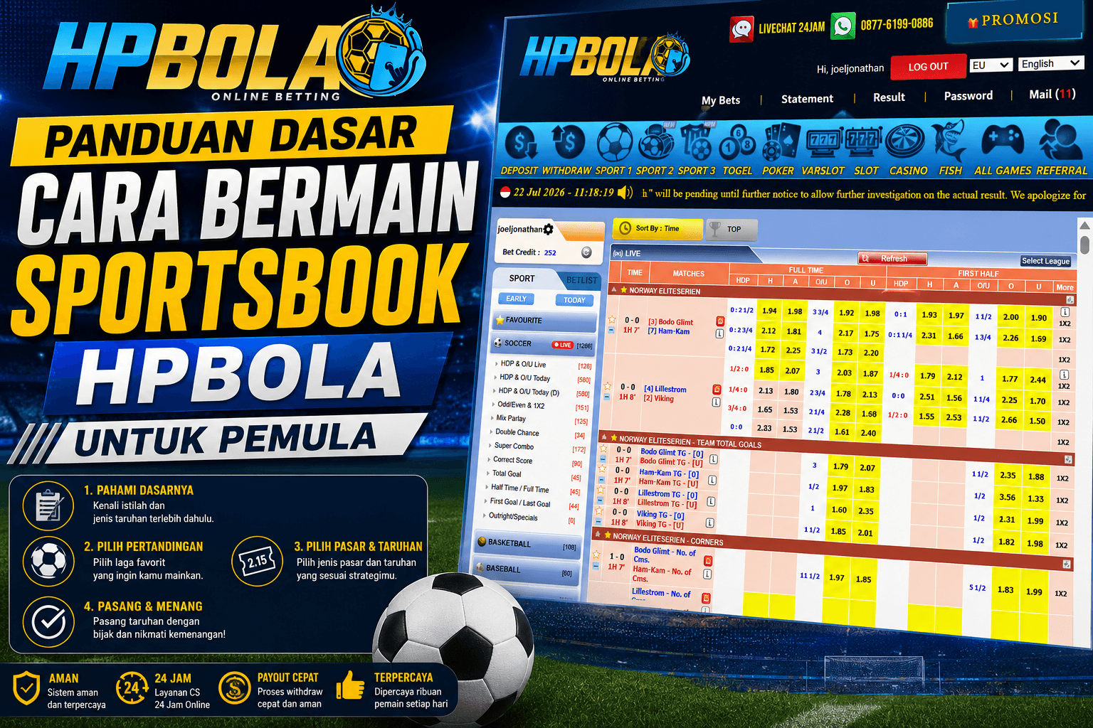 Panduan dasar cara bermain Sportsbook HPBOLA untuk pemula lengkap dengan tampilan website HPBOLA, cara memilih pertandingan, membaca odds, dan memasang taruhan sepak bola online.