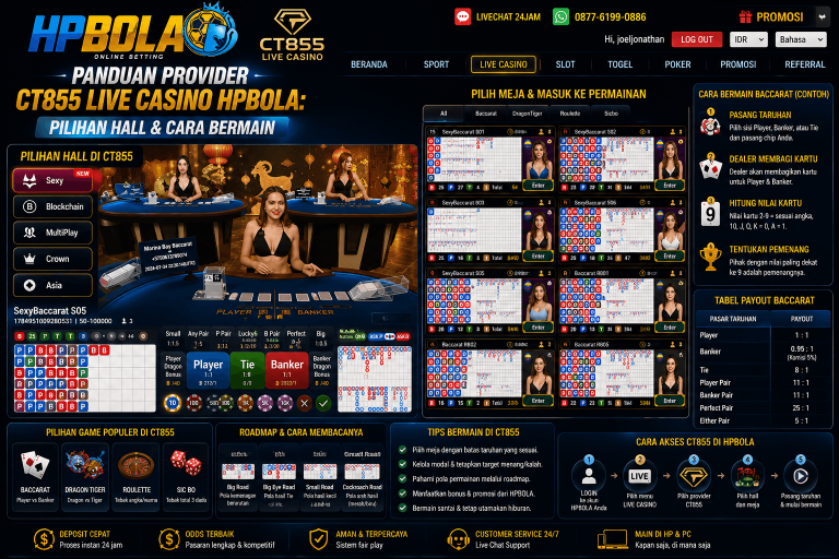 Panduan provider CT855 Live Casino di HPBOLA lengkap dengan pilihan hall Baccarat, Roulette, Dragon Tiger, Sic Bo, dan cara bermain untuk pemula.