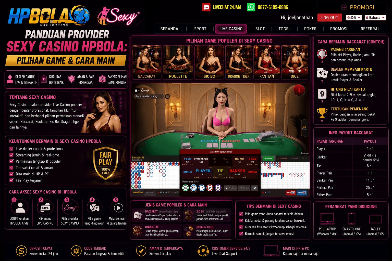 Panduan provider Sexy Casino di HPBOLA lengkap dengan pilihan game live casino seperti Baccarat, Roulette, Dragon Tiger, Dice, dan cara bermain untuk pemula.