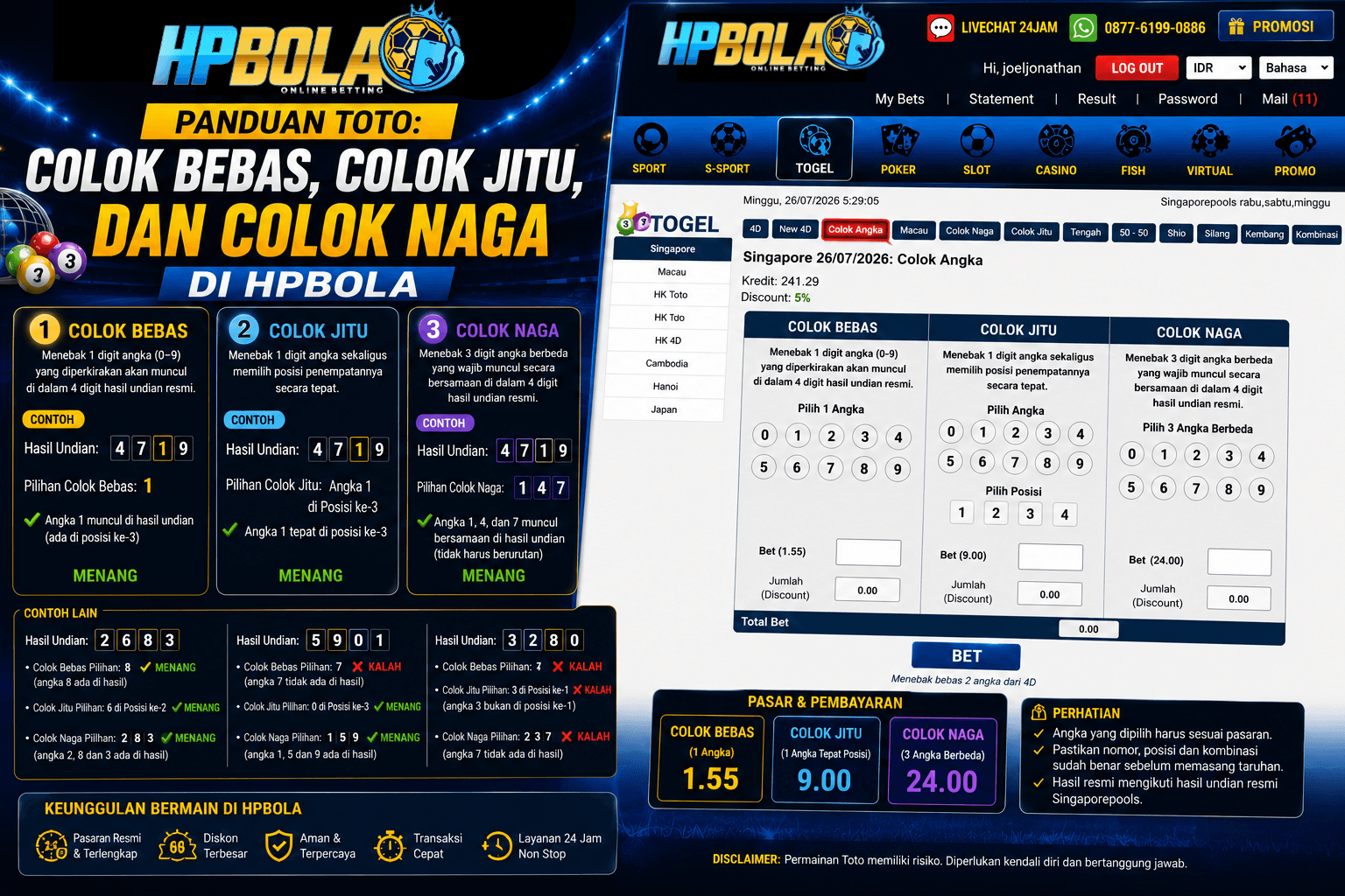 Panduan bermain Toto di HPBOLA yang menjelaskan perbedaan Colok Bebas, Colok Jitu, dan Colok Naga lengkap dengan contoh hasil undian, cara memilih angka, serta tampilan menu Colok Angka di HPBOLA.
