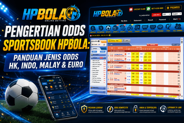 Infografis pengertian odds Sportsbook HPBOLA yang menjelaskan perbedaan odds Hongkong (HK), Indonesia (Indo), Malay, dan Euro beserta contoh cara membaca odds taruhan sepak bola online.