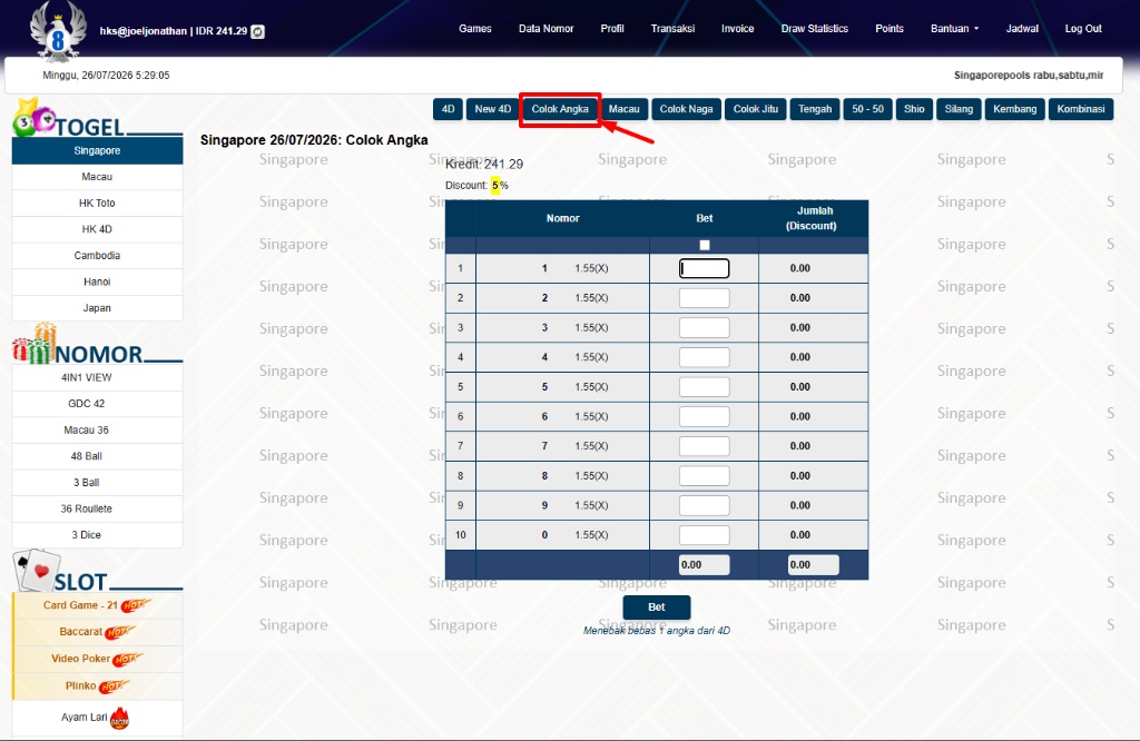 Tampilan Form Taruhan Colok Angka di HPBOLA