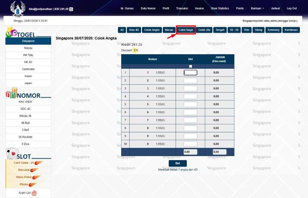 Tampilan Form Taruhan Colok Naga di HPBOLA