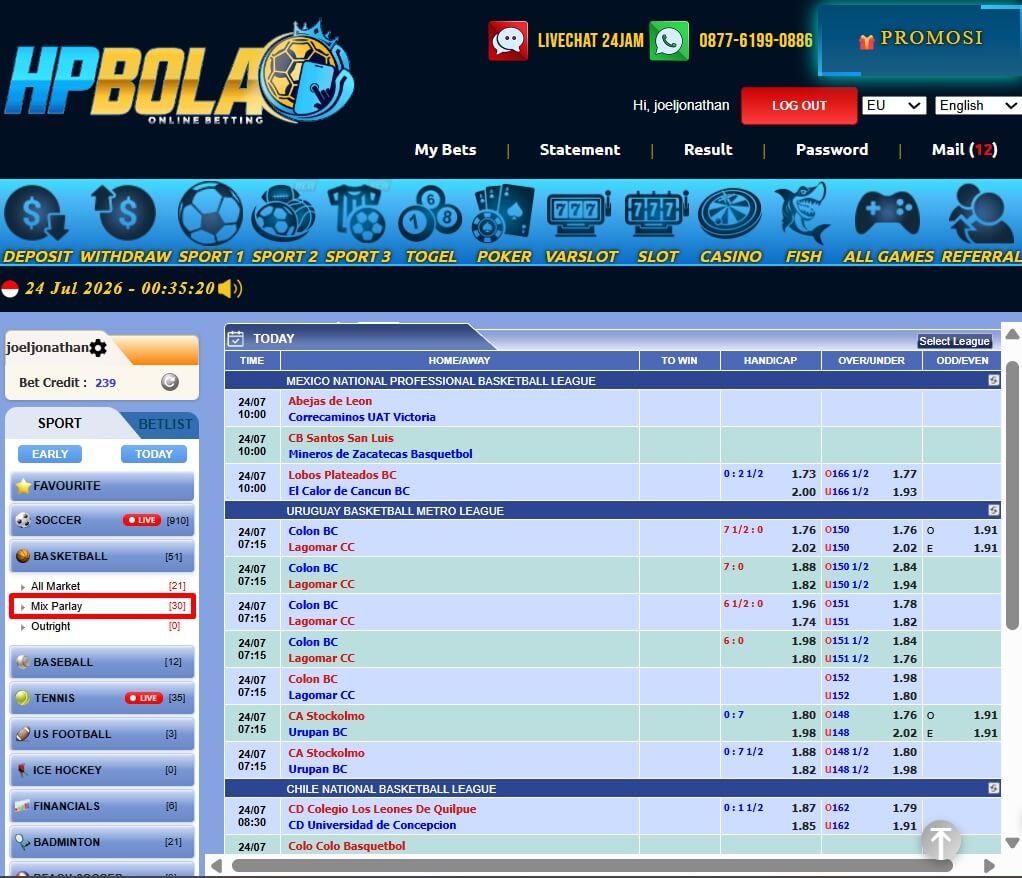 Menu Mix Parlay Basket HPBOLA