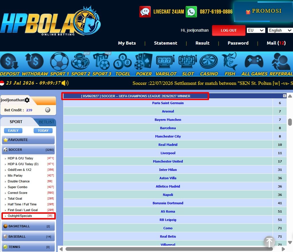 Papan Pasaran Outright HPBOLA