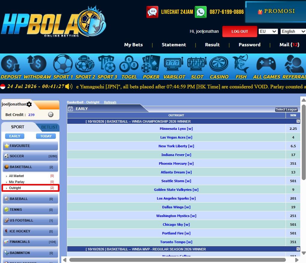 Papan Pasaran Outright Basket HPBOLA