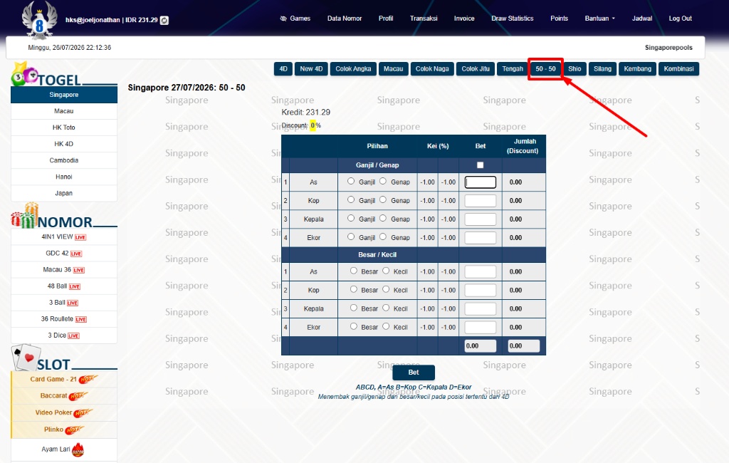 Tampilan Form Taruhan Toto 50-50 Besar Kecil Genap Ganjil HPBOLA