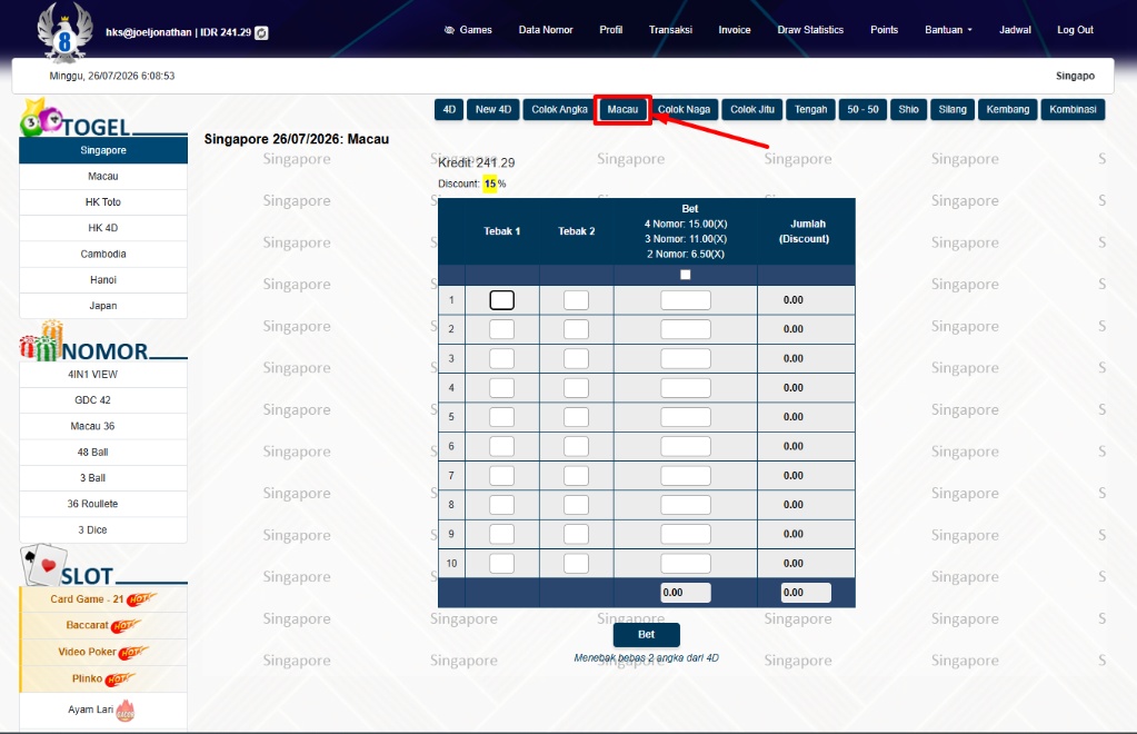 Form Taruhan Macau Colok Bebas 2D di HPBOLA