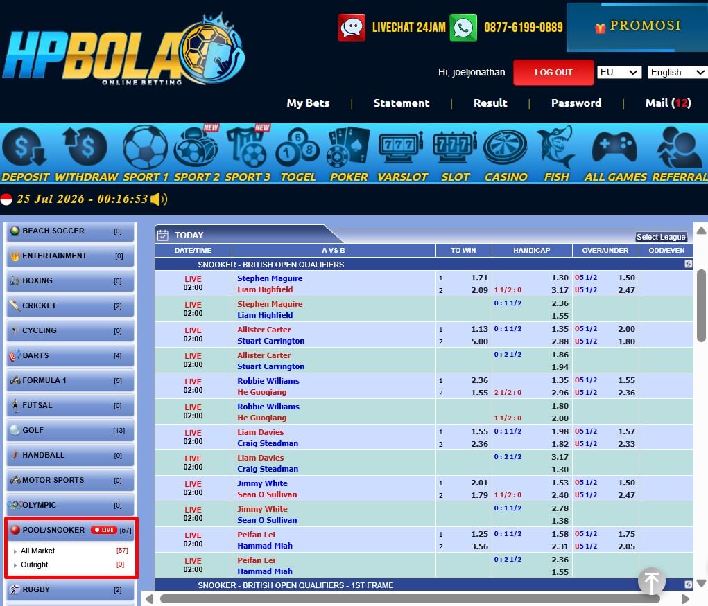 Papan Pasaran Pool Snooker HPBOLA